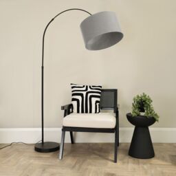 ValueLights Louis Black Arched Curved Floor Lamp with Fabric Drum Lamp Shade in Grey - thumbnail 1