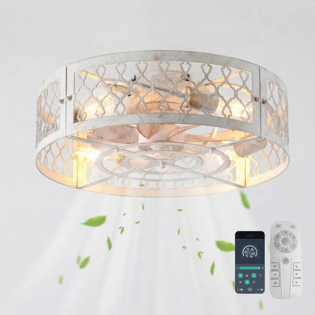 NIVOR 4 E27 Ceiling Fans with Remote Industrial Metal Caged Flush Lights in White - image 1