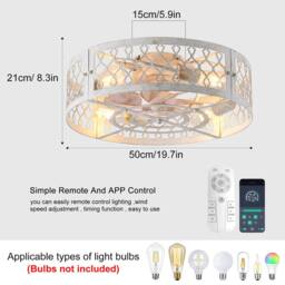 NIVOR 4 E27 Ceiling Fans with Remote Industrial Metal Caged Flush Lights in White - thumbnail 2