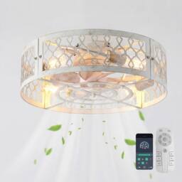 NIVOR 4 E27 Ceiling Fans with Remote Industrial Metal Caged Flush Lights in White - thumbnail 1