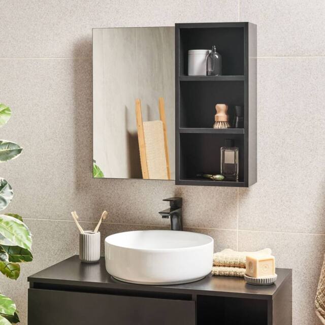 Wyld and Coco Black Wall Mounted Bathroom Mirror and Shelves W60 x D14 x H54cm - image 1