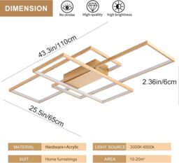 Garwarm Dimmable LED Ceiling Light, 70W Square Acrylic Modern Simple Design Fixture in Gold - thumbnail 2