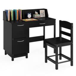 Costway Kids Study Desk & Chair Set Wooden Learning Table & Chair Activity Set in Black - thumbnail 8