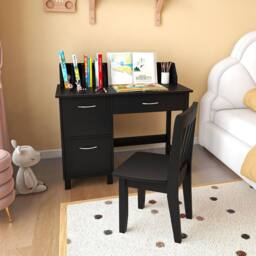 Costway Kids Study Desk & Chair Set Wooden Learning Table & Chair Activity Set in Black - thumbnail 4