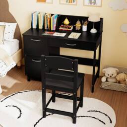 Costway Kids Study Desk & Chair Set Wooden Learning Table & Chair Activity Set in Black