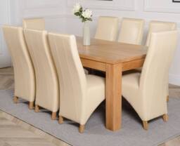 Thats Furniture Dakot 182 x 92cm Oak Large Dining Table & 8 Lola Leather Chairs in Cream - Size: 182 x 92 cm