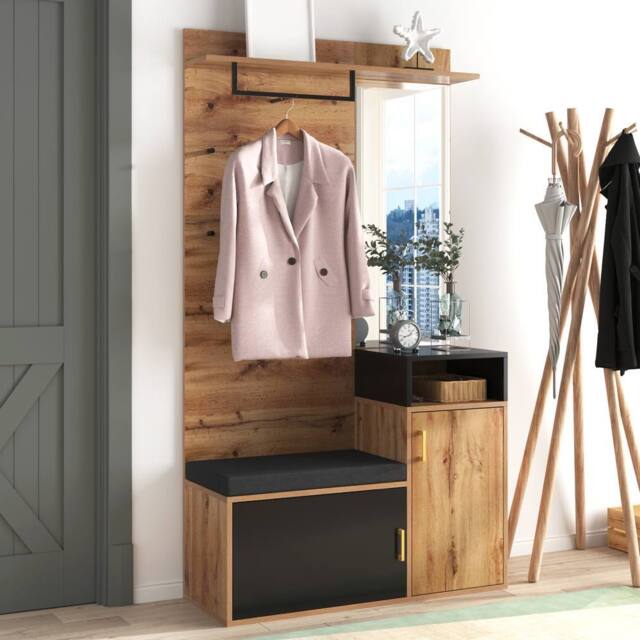 Merax Hallway Storage Set with Mirror & Shoe Bench in Natural - image 1