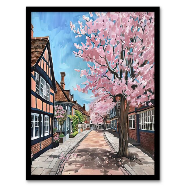 "Artery8 Cherry Blossom Lymm Village Cheshire Painting Framed Art Print - Size: W12"" x H16""" - image 1