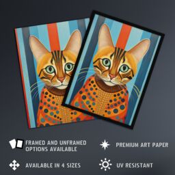 Artery8 Wall Art Print Bengal Cat Geometric Folk Art Portrait Orange Blue Oil Painting Artwork Framed - Size: A4 - thumbnail 2