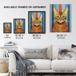 Artery8 Wall Art Print Bengal Cat Geometric Folk Art Portrait Orange Blue Oil Painting Artwork Framed - Size: A4 - thumbnail 3