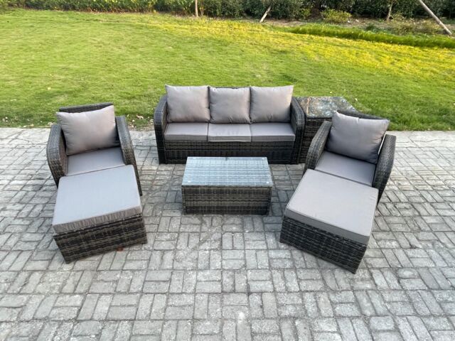 Fimous 7 Seater Rattan Garden Furniture Set Patio Outdoor Lounge Sofa Set with Rectangular Coffee Table 2 Big Footstool in Dark Grey - image 1