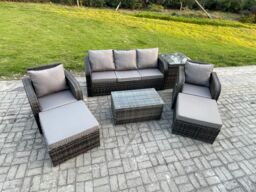 Fimous 7 Seater Rattan Garden Furniture Set Patio Outdoor Lounge Sofa Set with Rectangular Coffee Table 2 Big Footstool in Dark Grey - thumbnail 2