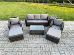 Fimous 7 Seater Rattan Garden Furniture Set Patio Outdoor Lounge Sofa Set with Rectangular Coffee Table 2 Big Footstool in Dark Grey - thumbnail 1