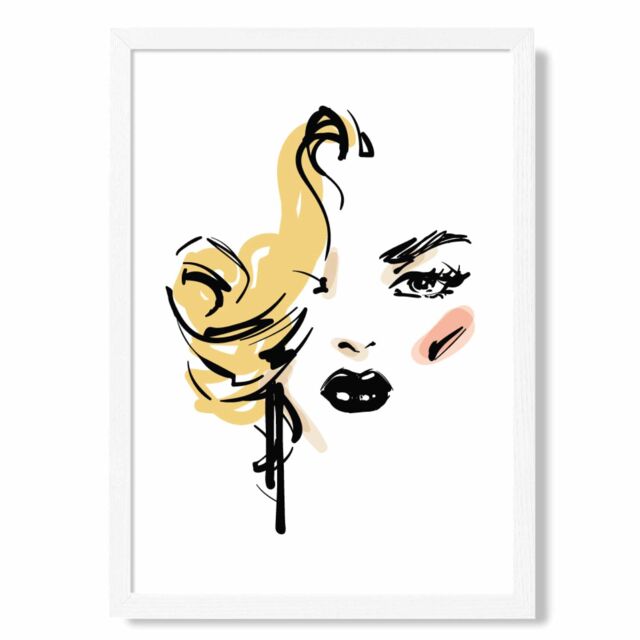 ARTZE Fashion Face Pen & Ink Sketch Framed Print SIZE: A3 with White Frame in Yellow - Size: A4 - image 1