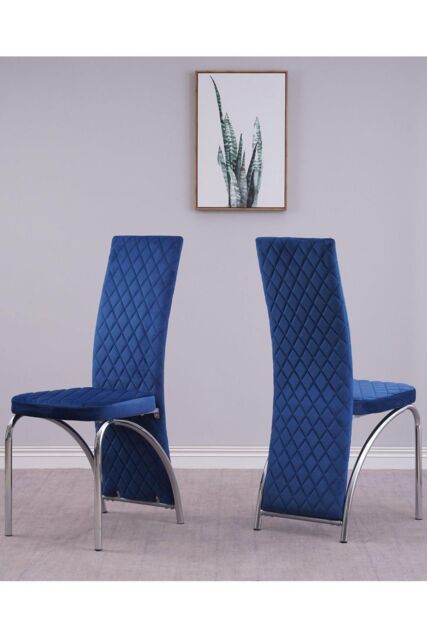 Modernique Set of 4 High Back Velvet Dining Chairs with Chrome Frame in Blue