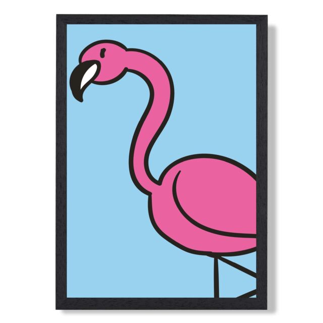 ARTZE Cute Cartoon Style Flamingo Framed Print SIZE: A4 with Black Frame in Pink - image 1