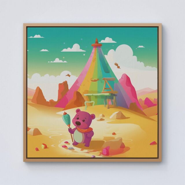 "Warren Reed - Designer Purple Bear On A Beach Holiday Framed Canvas in Light Brown - Size: W30"" x H30""" - image 1