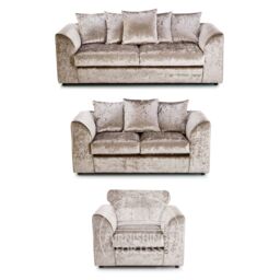 Furnishings For Less UK Crystal Crushed Velvet 6 Seater 3 Piece Sofa Suite - 3, 2 & Armchair Seater Scatter Back in Beige - thumbnail 1