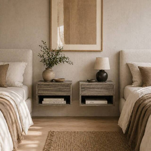 Wyld Haus Rosama Grey Wood Effect Floating Bedside Tables Set of 2 Wall Mounted - image 1