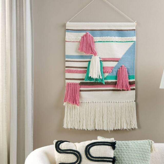 Wyld and Coco Handwoven Multicolour Cotton Wall Hanging with Tassels in Beige - image 1