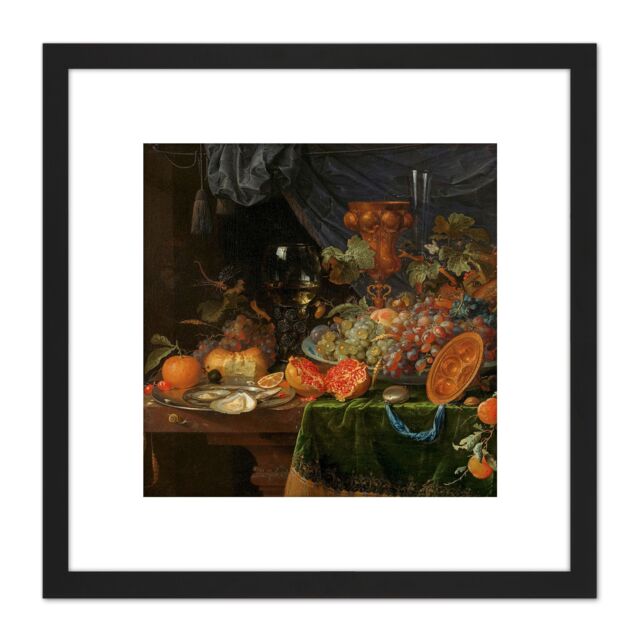 Artery8 Mignon Still Life With Fruit Oysters Painting 8X8 Inch Square Wooden Framed Wall Art Print Picture with Mount in Black - image 1
