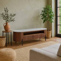 Wyld Haus Alabama Marble Top TV Unit with Ribbed Mango Wood Drawers in Brown - thumbnail 2