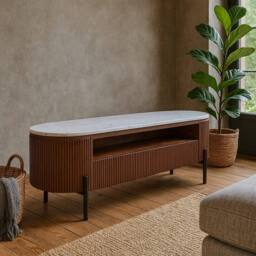 Wyld Haus Alabama Marble Top TV Unit with Ribbed Mango Wood Drawers in Brown - thumbnail 1