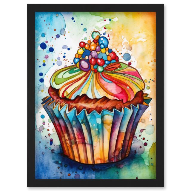 Artery8 Cupcake With Sprinkles Vibrant Watercolour Painting Artwork Framed Wall Art Print A4 in Black - image 1