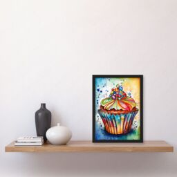 Artery8 Cupcake With Sprinkles Vibrant Watercolour Painting Artwork Framed Wall Art Print A4 in Black - thumbnail 2