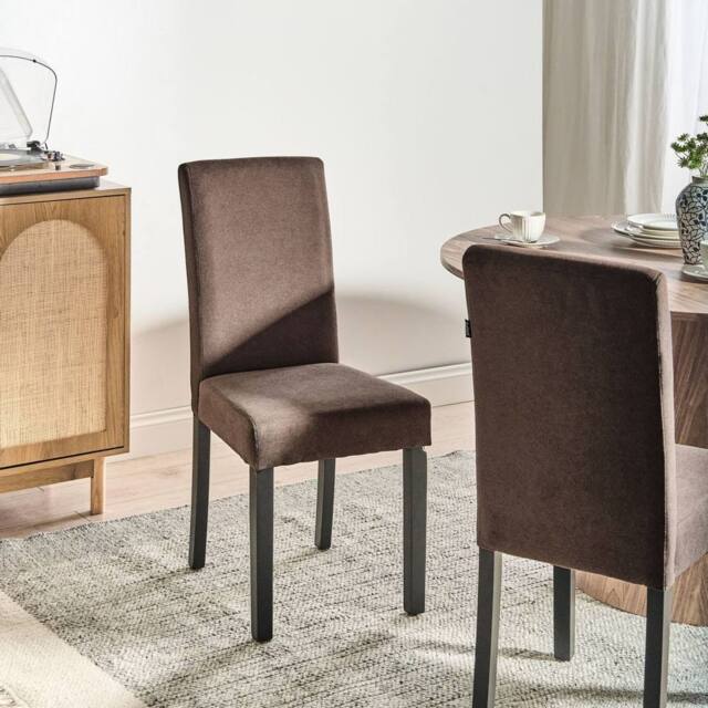 Wyld and Coco Set 2 Brown Fabric Dining Chairs Rubberwood Legs Modern High Back - image 1