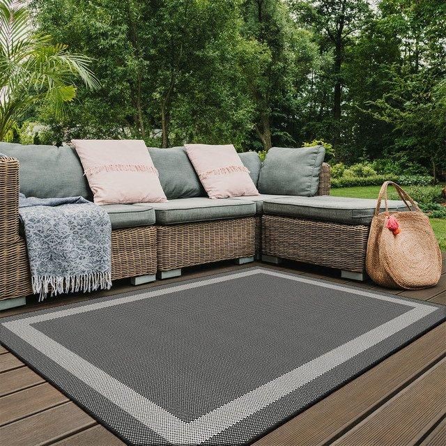 THE RUGS Reversible Outdoor Rugs in Bordered Design Duo Weave Collection in Charcoal - Size: 200 cm x 290 cm