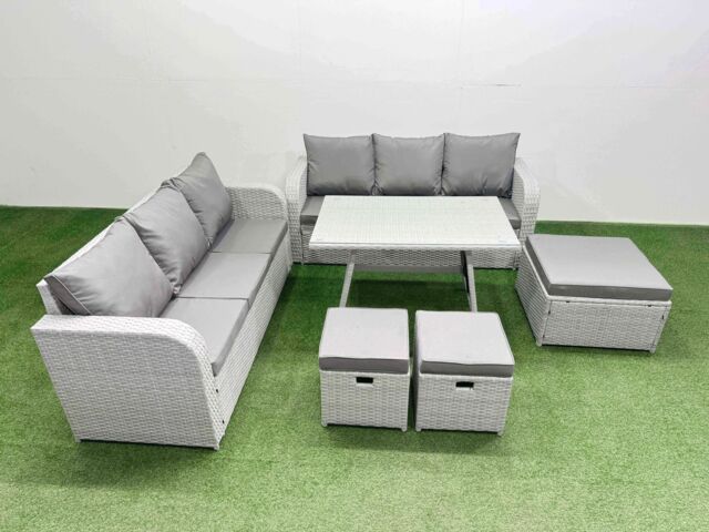Fimous Rattan High Back Lounge Sofa Set with 3 Seater Sofa 3 Stool in Light Grey - image 1