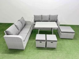 Fimous Rattan High Back Lounge Sofa Set with 3 Seater Sofa 3 Stool in Light Grey - thumbnail 2