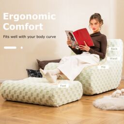 Costway Accent Bean Bag Chair w/ Ottoman Lazy Sofa Chair Set w/ Washable Cover in Beige - thumbnail 2