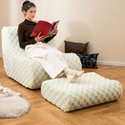 Costway Accent Bean Bag Chair w/ Ottoman Lazy Sofa Chair Set w/ Washable Cover in Beige - thumbnail 5