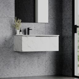 Banyetti Siena 800mm WallHung Vanity with Matt Black Handles - Carrara Marble in White - thumbnail 3
