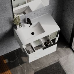 Banyetti Siena 800mm WallHung Vanity with Matt Black Handles - Carrara Marble in White