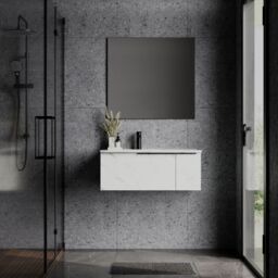 Banyetti Siena 800mm WallHung Vanity with Matt Black Handles - Carrara Marble in White - thumbnail 2