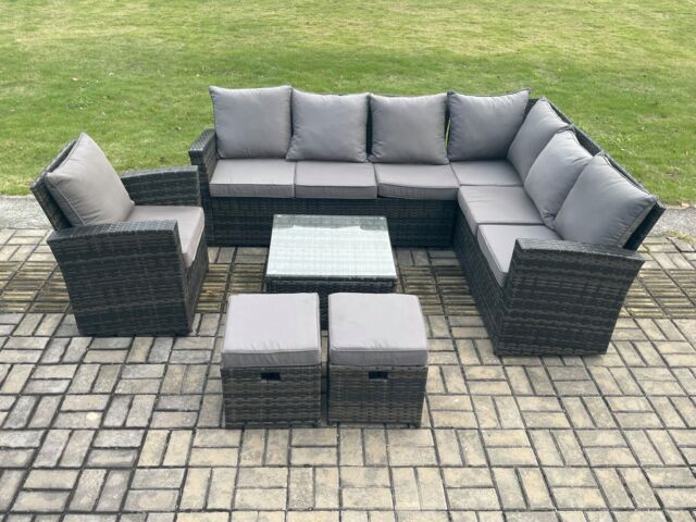 Fimous 9 Seater Wicker PE Outdoor Garden Furniture Set High Back Rattan Corner Sofa Chair Set with 2 Small Footstools Square Coffee Table in Dark Grey - image 1