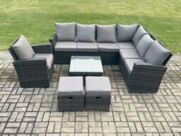 Fimous 9 Seater Wicker PE Outdoor Garden Furniture Set High Back Rattan Corner Sofa Chair Set with 2 Small Footstools Square Coffee Table in Dark Grey - thumbnail 1