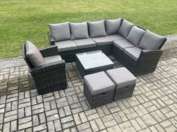 Fimous 9 Seater Wicker PE Outdoor Garden Furniture Set High Back Rattan Corner Sofa Chair Set with 2 Small Footstools Square Coffee Table in Dark Grey - thumbnail 2