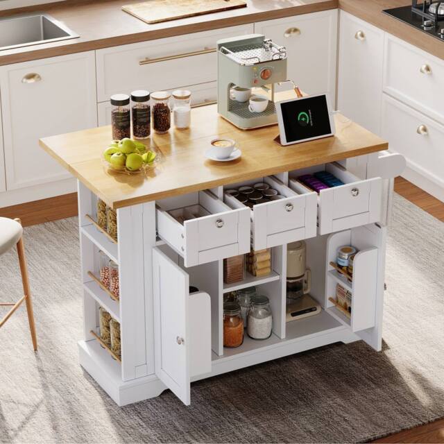 BTM Kitchen Island on Wheels with Dropleaf, Spice Rack & Charging Station in White - image 1
