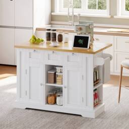 BTM Kitchen Island on Wheels with Dropleaf, Spice Rack & Charging Station in White - thumbnail 8