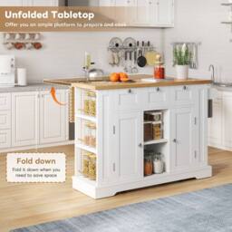 BTM Kitchen Island on Wheels with Dropleaf, Spice Rack & Charging Station in White - thumbnail 3