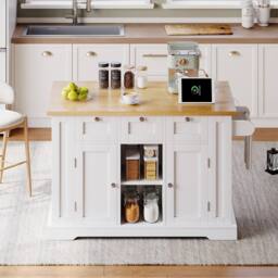 BTM Kitchen Island on Wheels with Dropleaf, Spice Rack & Charging Station in White - thumbnail 9