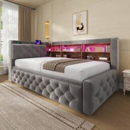 BTM 3FT Velvet Daybed LED USB Storage Shelf 90x190 Dark Gray in Dark Grey - Size: Single - thumbnail 3