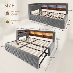 BTM 3FT Velvet Daybed LED USB Storage Shelf 90x190 Dark Gray in Dark Grey - Size: Single - thumbnail 2