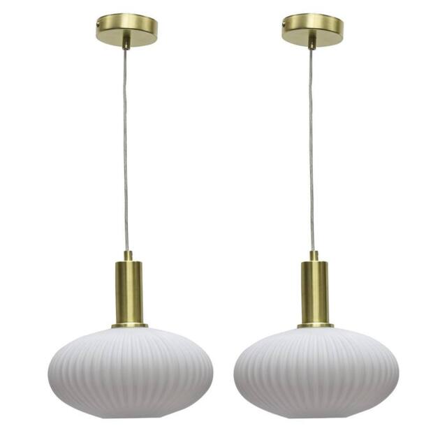 First Choice Lighting Set of 2 Baton - White Ribbed Oval Glass Satin Brass Deco Pendants - image 1