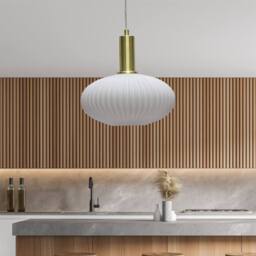 First Choice Lighting Set of 2 Baton - White Ribbed Oval Glass Satin Brass Deco Pendants - thumbnail 4