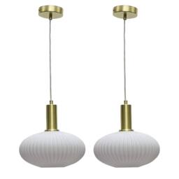 First Choice Lighting Set of 2 Baton - White Ribbed Oval Glass Satin Brass Deco Pendants